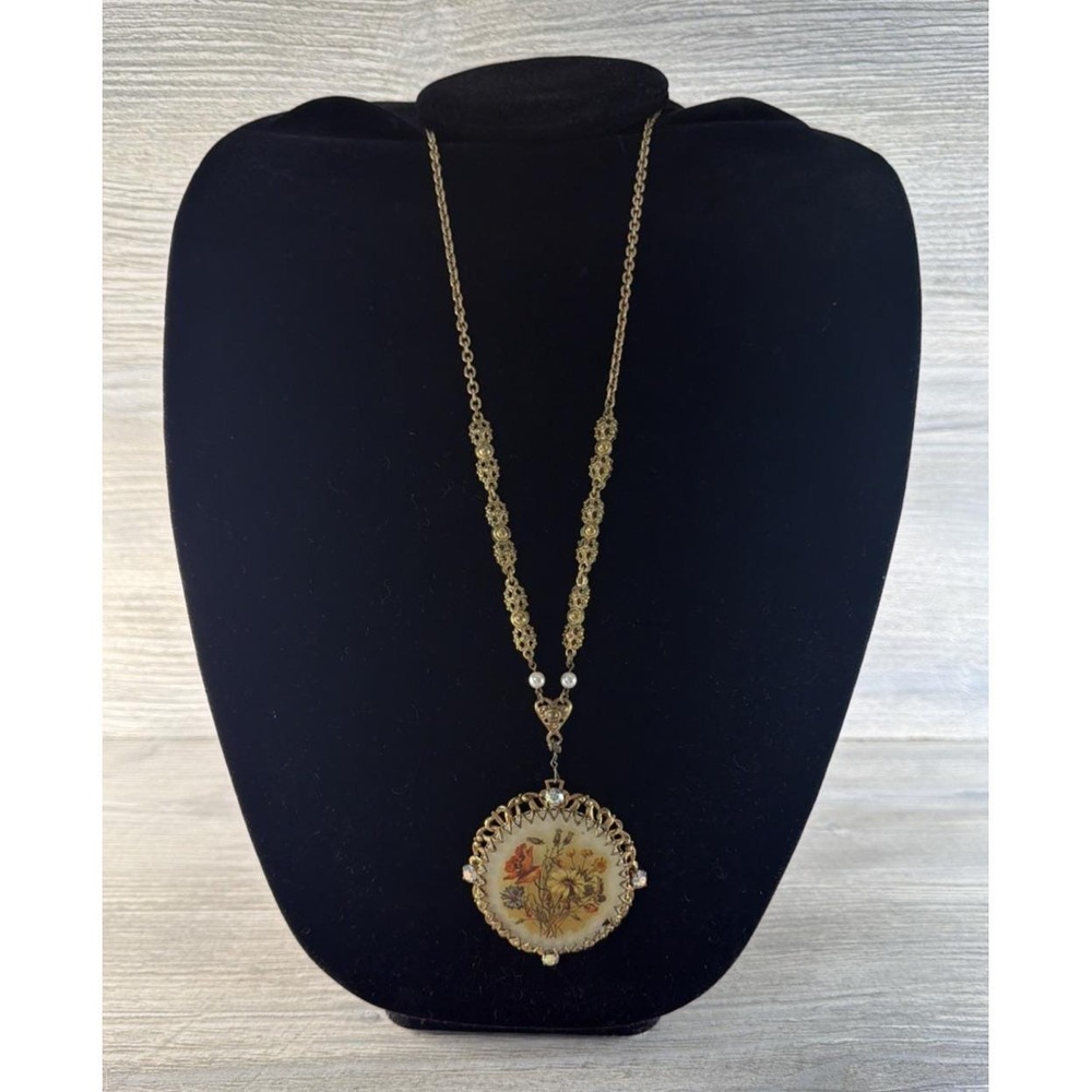 Vtg West Germany Filigree Floral Sugar Stone 24" Necklace Gold Tone Faux Pearls